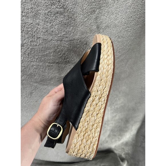 Clarks Women’s 11  Kimmei Wedge Sandal Black Leather Cross Wide Strap Slingback - Picture 6 of 11